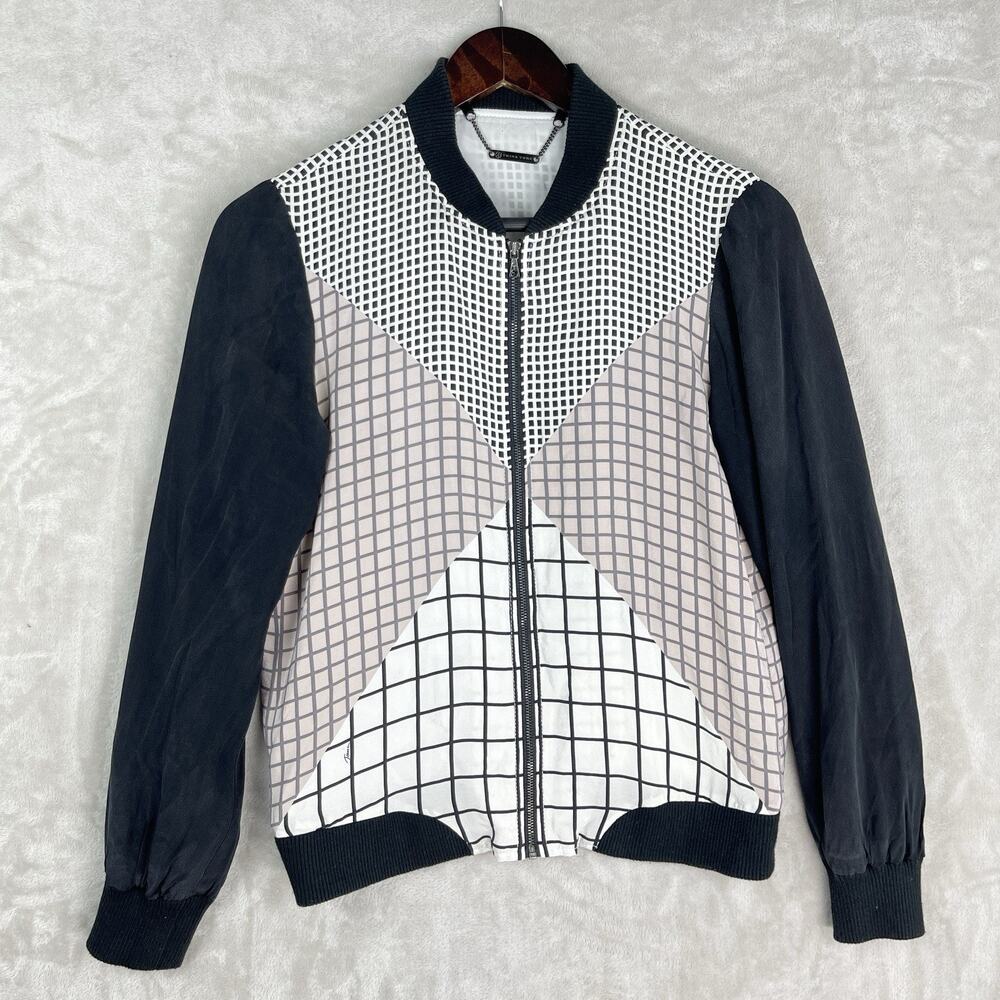 Trina Turk Ahda Silk Bomber Jacket Medium Geometric Grid Glamoratti Streetwear